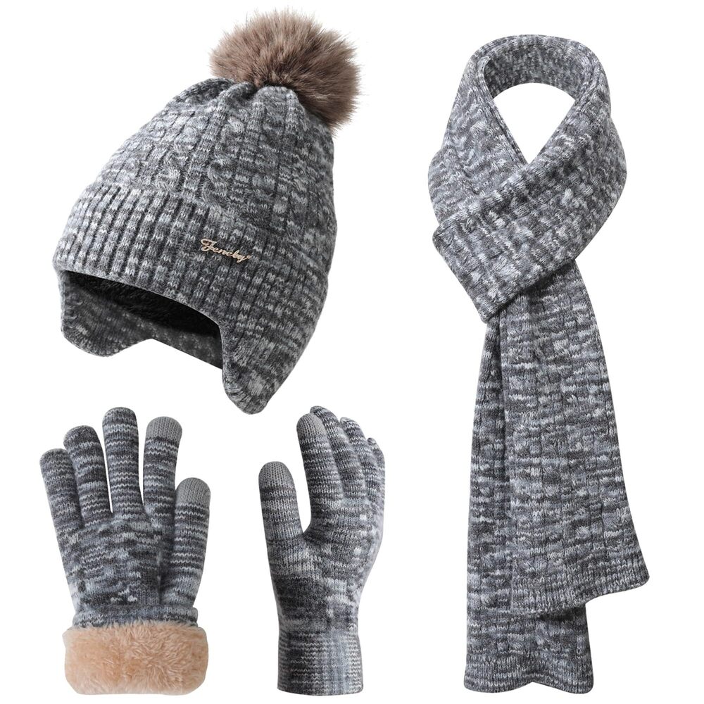 3766 Winter Beanie Hat Scarf Gloves Set Knitted Beanie with Earflaps